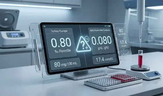 Laboratuvar tezgâhındaki bir ekranda aynı kan alkol değeri dört ayrı birimde yan yana gösteriliyor: 0.80 promil, 0.080 g/dL, 80 mg/100 mL ve 17.4 mmol/L.
