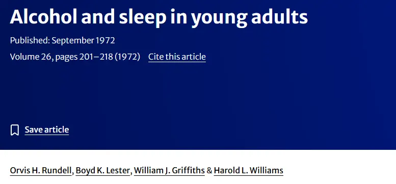 Záhlaví článku „Alcohol and sleep in young adults“ od Rundella a kolegů z roku 1972.